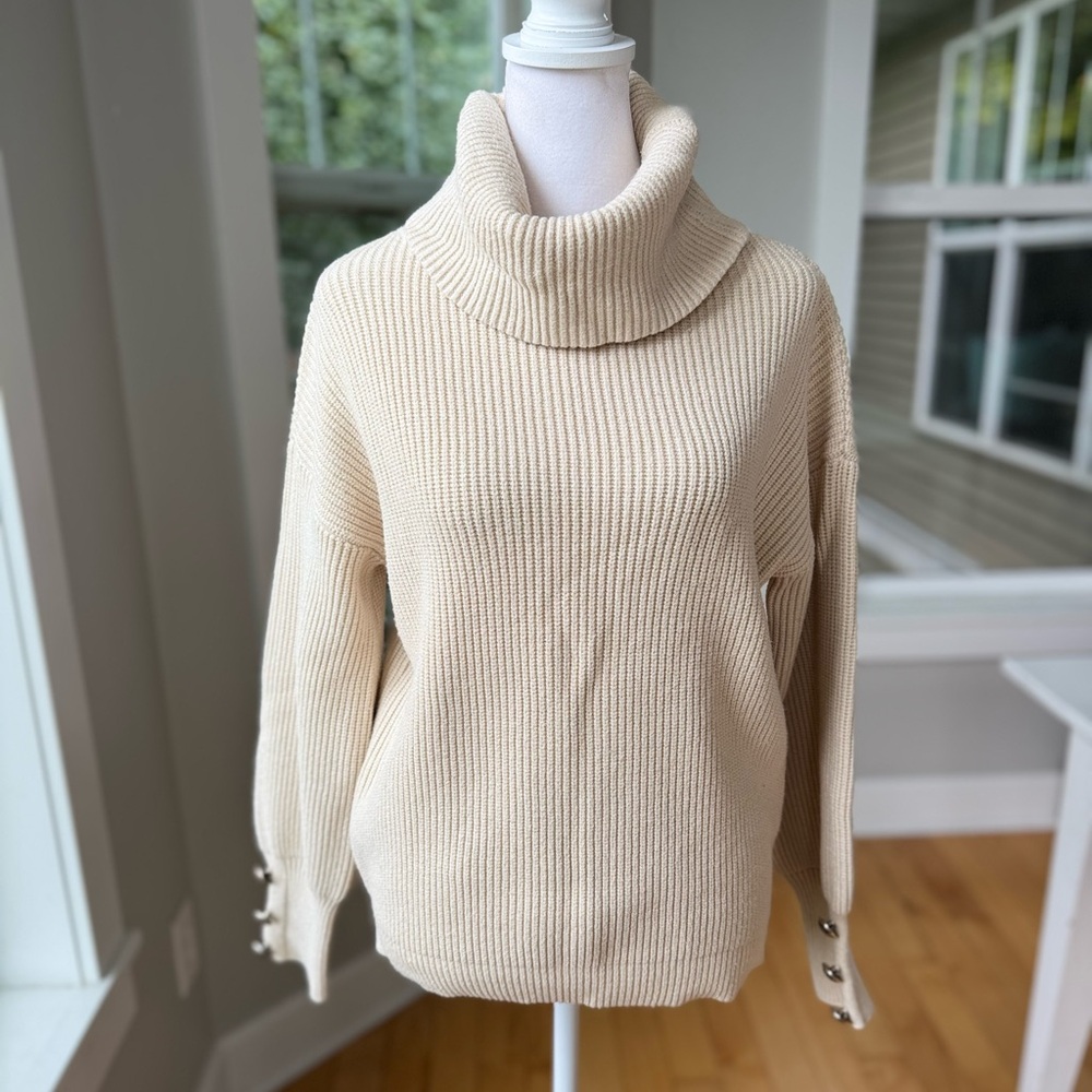 Vintage Ivory Cream Turtleneck Cotton Sweater Metal Button Details Fits Medium